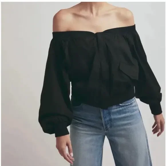 Favorite Daughter Black Off the Shoulder Bomber Jacket - Small (New) - Picture 2 of 9